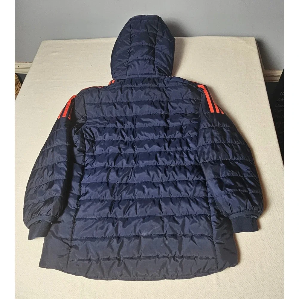 Adidas Boys Navy Blue Orange Hooded Puffer Jacket Insulated Coat Size M 10/12